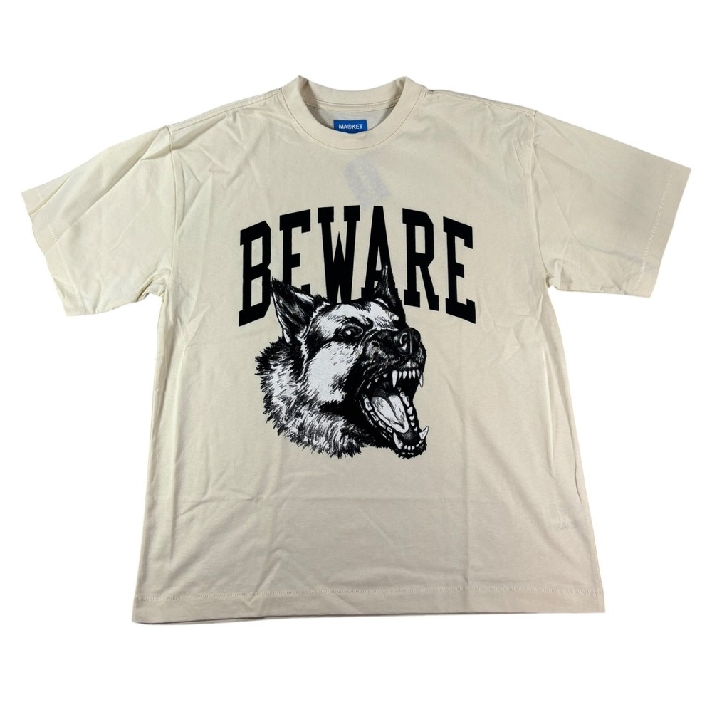 Market Studios T Shirt Mens Medium White Classic Beware German Shepherd Dog Logo